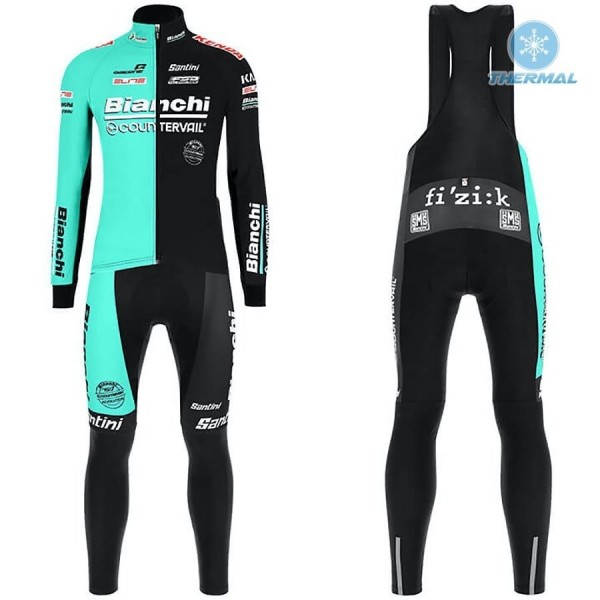 2019 Bianchi Countervail Thermal Fietskleding Set Wielershirts Lange Mouw+Lange Wielrenbroek Bib 241WQUE