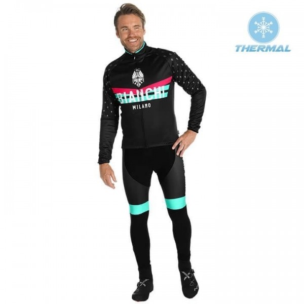 2019 Bianchi Milano PB Zwart Thermal Fietskleding Set Wielershirts Lange Mouw+Lange Wielrenbroek Bib 441LKVV