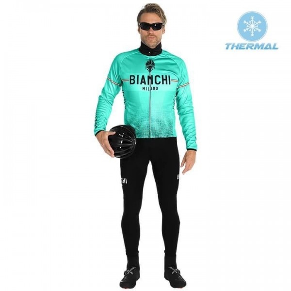 2019 Bianchi Milano XD Groen Thermal Fietskleding Set Wielershirts Lange Mouw+Lange Wielrenbroek Bib 381VLRM