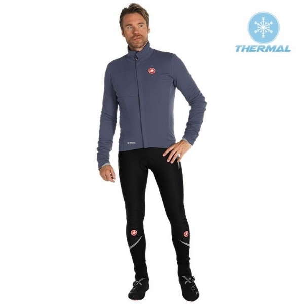 2019 Casteli DE Grey Thermal Fietskleding Set Wielershirts Lange Mouw+Lange Wielrenbroek Bib 509UFNW