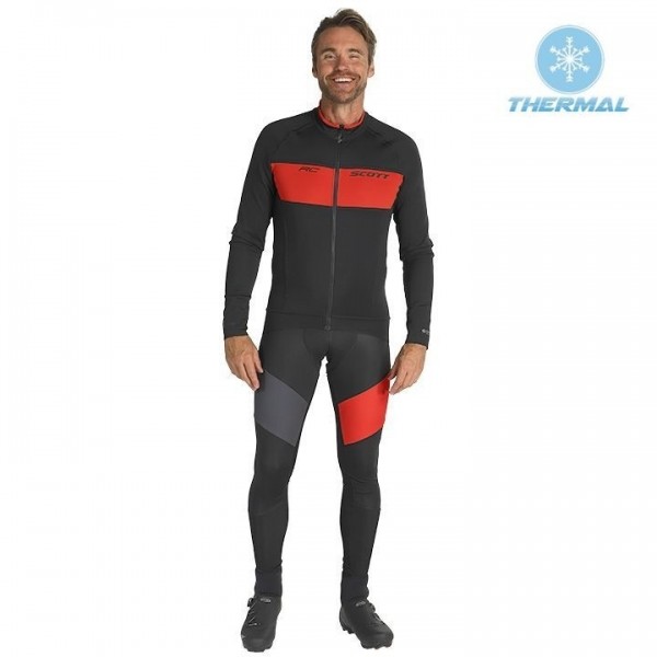 2019 Scott RC FF Zwart-Rood Thermal Fietskleding Set Wielershirts Lange Mouw+Lange Wielrenbroek Bib 578UGOP