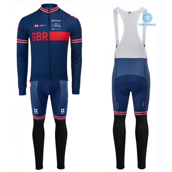 2020 Kalas GBR Country Team Blauw Thermal Fietskleding Set Wielershirts Lange Mouw+Lange Wielrenbroek Bib 352YPKB