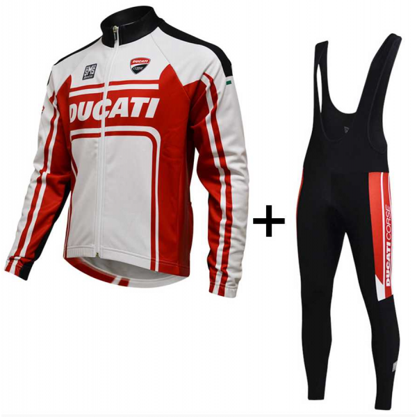 2016 Ducati Fietskleding Wielershirt Lange Mouw+Lange Fietsbroeken Bib Rood Wit