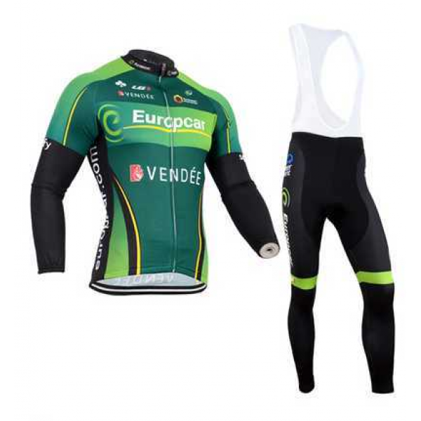 2014 Europcar Fietskleding Wielershirt Lange Mouwen+Lange Fietsbroeken Bib Groen Zwart