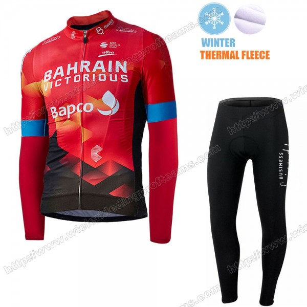 Winter Fleece Bahrain Victorious Pro Team 2021 Fietskleding Set Wielershirts Lange Mouw+Lange Wielrenbroek Bib BZFGU