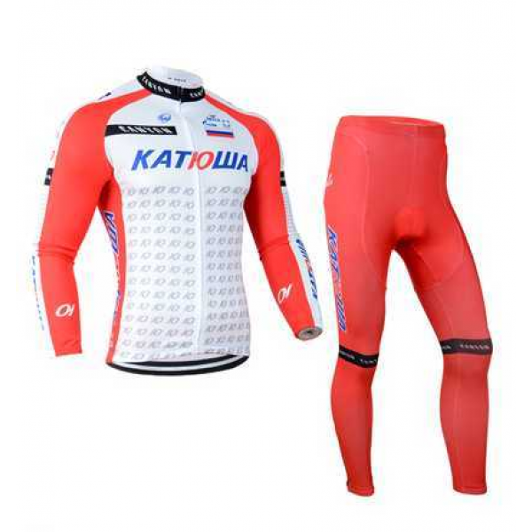 2014 Katusha Fietskleding Wielershirt Lange Mouw+Lange Fietsbroeken Rood Wit