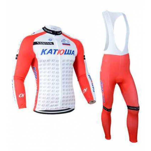 2014 Katusha Wielershirt Lange Mouwen+Lange Fietsbroeken Bib Rood Wit