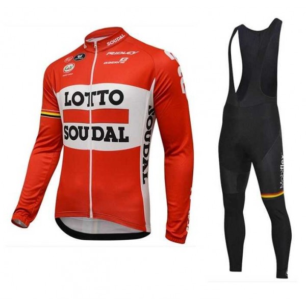 2016 Lotto Soudal Wielerkleding Set Wielershirt Lange Mouw+Lange Fietsbroeken Bib Rood