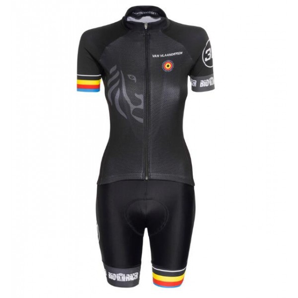 Bioracer Van Vlaanderen Dames Zwart 2018 Fietskleding Set Wielershirt Korte Mouw+Korte Fietsbroeken Bib