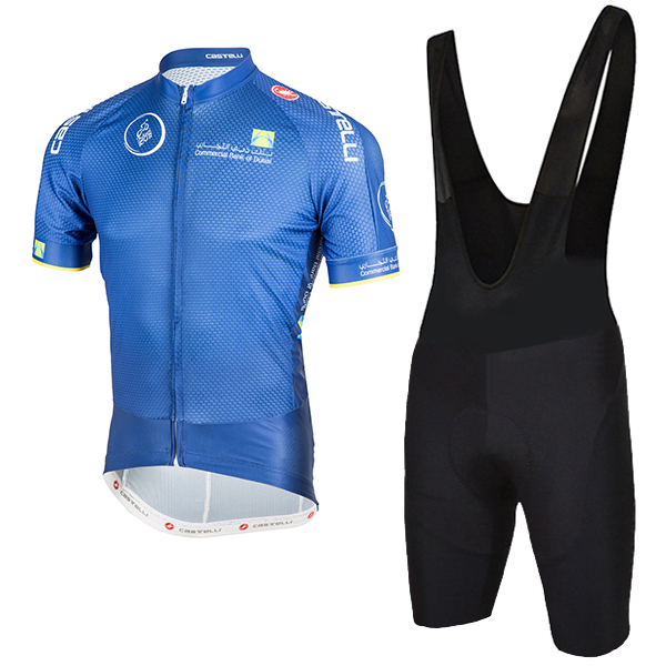 2018 Dubai Tour Blauw Fietskleding Set Wielershirt Korte Mouw+Korte Fietsbroeken Bib