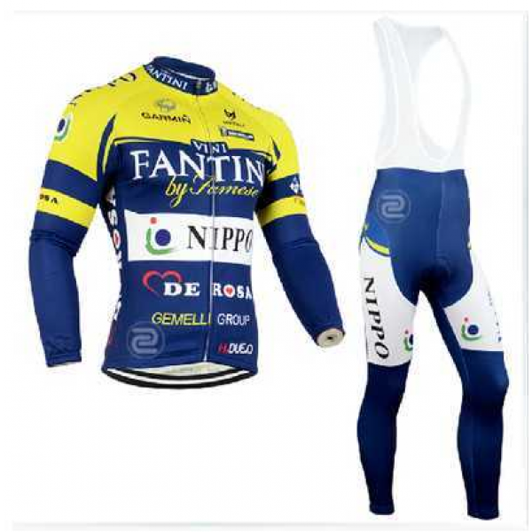 2014 FANTINI Fietskleding Wielershirt Lange Mouwen+Lange Fietsbroeken Bib Blauw Geel Wit